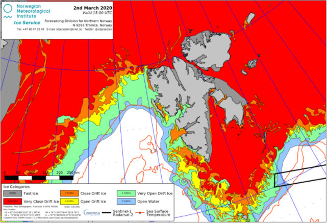 De hoeveelheid zeeijs rondom Spitsbergen. Langs de gehele oostkust ligt ijs en ook langs de westkust begint het dicht te groeien. In de Fjorden ligt (open) driftijs. Bron: Norwegian Meteorological Institute.