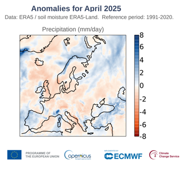 Foto gemaakt door C3S / ECMWF - Afwijkingen in de neerslag in Europa voor april 2025. De referentieperiode is 1991-2020.