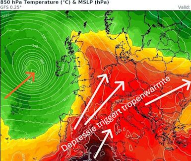 Foto gemaakt door WXCharts.com - Opkomende Zuid-Europese warmte op het 850 hPA. vlak (1500 meter)