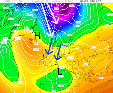 Foto gemaakt door Wetterzentrale.de - Schets van de winters getinte barometrische situatie rond 10 april 1986