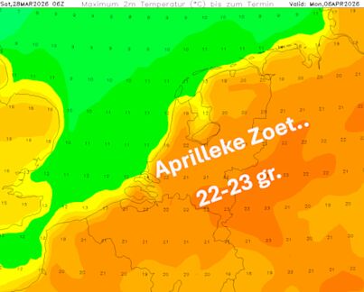 Foto gemaakt door Wetterzentrale.de - Topmaxima tot 23 graden berekend rond 5-6 april Foto gemaakt door Wetterzentrale.de - Topmaxima tot 23 graden berekend rond 5-6 april