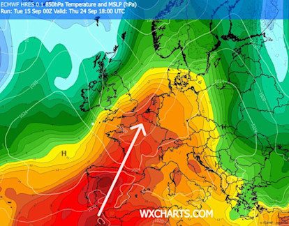 Foto gemaakt door WX Charts.com - Warme continentaal tropische lucht uit Spanje kan gaan opstomen richting de Benelux Foto gemaakt door WX Charts.com - Warme continentaal tropische lucht uit Spanje kan gaan opstomen richting de Benelux