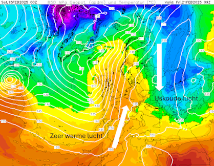 Foto gemaakt door Wetterzentrale.de - Buitensporig zachte lucht stoomt op uit Spanje en de ijskoude vlagen nog boven Oost-Europa
