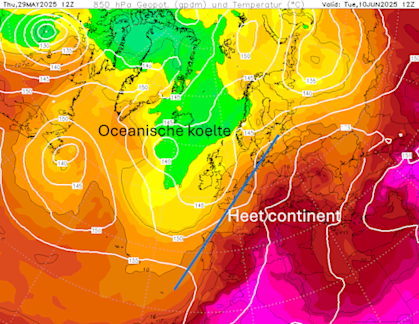 Foto gemaakt door WXCharts.com - Nederland op de grens van de koele en zeer warme lucht straks Foto gemaakt door WXCharts.com - Nederland op de grens van de koele en zeer warme lucht straks