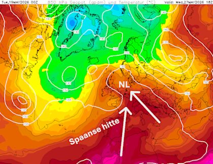 Foto gemaakt door Wetterzentrale.de - Zeer warme continentaal tropische lucht maar de Benelux na Pinksteren