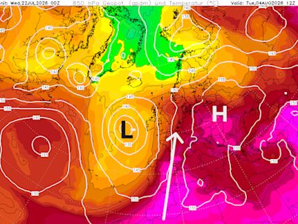 Foto gemaakt door Wetterzentrale.de - Lagedrukgebied fungeert als trekpaard en zuigt hitte uit Spanje aan Foto gemaakt door Wetterzentrale.de - Lagedrukgebied fungeert als trekpaard en zuigt hitte uit Spanje aan