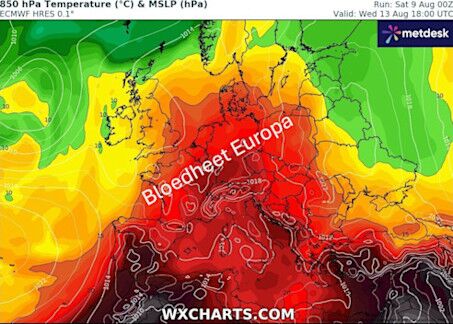 Foto gemaakt door WXCharts.com - De bijna traditionele hittekoepel via Zuid-Europa noordwaarts reikend