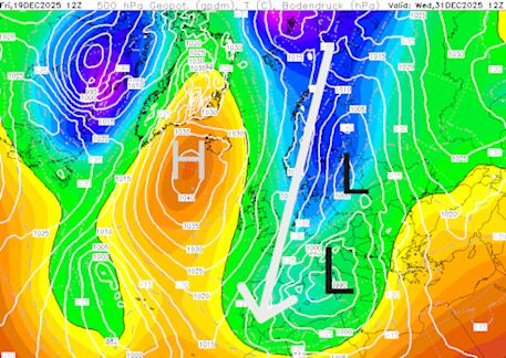 Hier een karakteristieke IJslandblokkade met een typische noordelijke circulatie