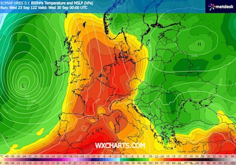 Foto gemaakt door WX Charts.com - Zeer warme lucht uit Spanje (op 1500 meter hoogte) aangevoerd op 30 september jl. Foto gemaakt door WX Charts.com - Zeer warme lucht uit Spanje (op 1500 meter hoogte) aangevoerd op 30 september jl.