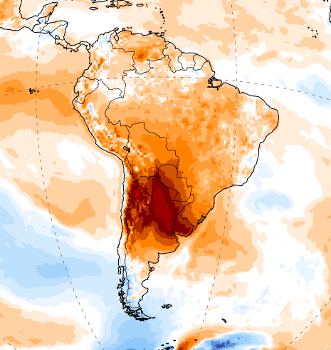 Foto gemaakt door ClimateReanalyzer.org - Zuid-Amerika - Extreme winterhitte heeft delen van Chili en Argentinië op dit moment in de greep. Op veel hooggelegen stations wordt het zelfs tussen 35 en 40 graden. 