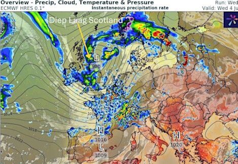 Foto gemaakt door WXCharts.com - Opvallend diepe depressie van 980 millibar rond 4 juni Foto gemaakt door WXCharts.com - Opvallend diepe depressie van 980 millibar rond 4 juni