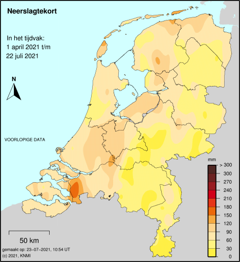 Foto gemaakt door KNMI - Het kaartje van het KNMI waarop de neerslagtekorten van deze zomer in Nederland te zien zijn. 