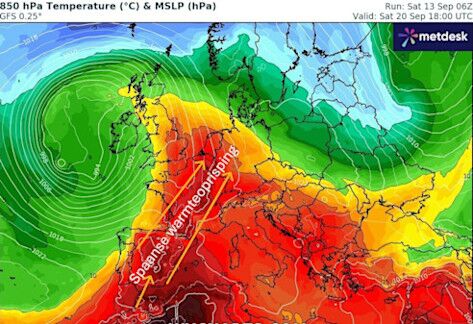Foto gemaakt door WXCharts.com - Omvangrijke bovenluchtwarmte (1500 meter hoogte) stroomt uit over Europa
