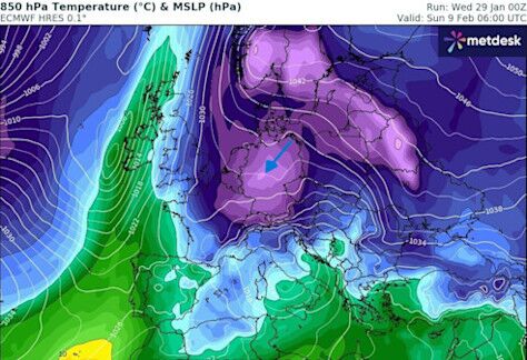 Foto gemaakt door WXCharts.com - De koudste lucht met -10 graden op 1500 meter hoogte boven Nederland