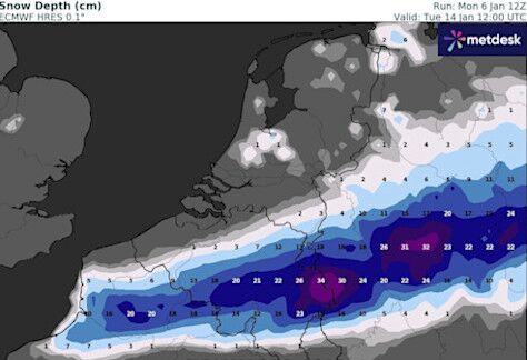 Foto gemaakt door WXCharts - Het geschetste sneeuwdek voor 14 januari