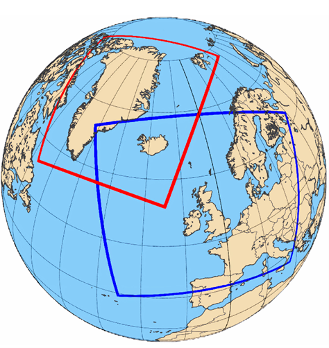 Het nieuwe weermodel heeft twee verwachtingsdomeinen. Rood: het gebied van IJsland en Groenland, blauw: het gebied van Ierland, Denemarken, IJsland en Nederland.