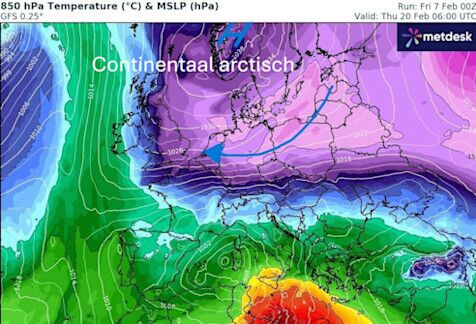 Foto gemaakt door WXcharts.com - Een flinke portie kou op hoogte (tot -15 graden op 1,5 km.) werkt ook door naar het leefniveau 