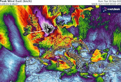 Foto gemaakt door WXCharts.com - Kans op zeer veel wind rond zondag