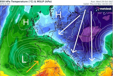 Foto gemaakt door WXCharts.com - Eind oktober was de koude ontwikkeling al zichtbaar op de prognosekaarten Foto gemaakt door WXCharts.com - Eind oktober was de koude ontwikkeling al zichtbaar op de prognosekaarten