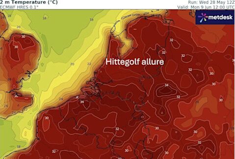 Foto gemaakt door WXCharts.com - warme tropische kleurkaart met maxima tot 32-34 graden in de Benelux Foto gemaakt door WXCharts.com - warme tropische kleurkaart met maxima tot 32-34 graden in de Benelux