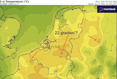 Foto gemaakt door WX Charts.com - Topmaxima tot 22 graden berekend voor 2 november Foto gemaakt door WX Charts.com - Topmaxima tot 22 graden berekend voor 2 november