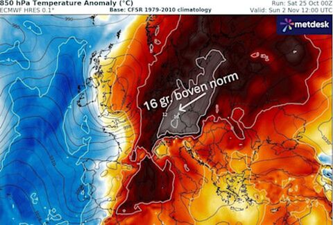 Foto gemaakt door WX Charts.com - Extreme thermische afwijking naar boven op 1500 meter hoogte Foto gemaakt door WX Charts.com - Extreme thermische afwijking naar boven op 1500 meter hoogte