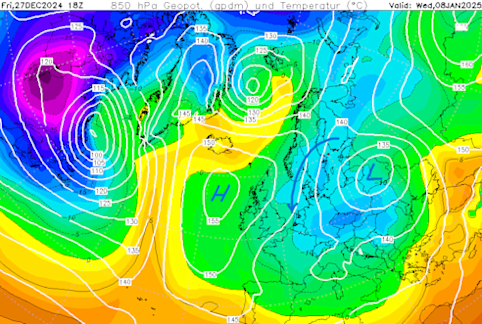 Foto gemaakt door Wetterzentrale.de - De geschetste barometrische situatie op 8 januari