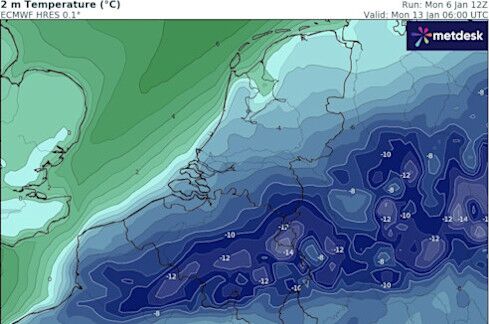 Foto gemaakt door WXCharts - Strenge vorst boven een puike sneeuwlaag de 13e