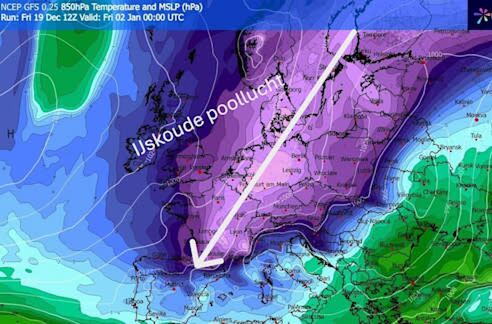 Foto gemaakt door WX Charts.com - Zeer koude paarse bovenlucht met -10 tot -15 graden op 1500 meter hoogte boven Nederland