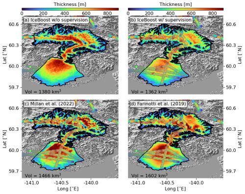 Foto gemaakt door Niccolò Maffezzoli et al. - Modellering van de Malaspina-gletsjer door het AI model IceBoost (boven) en door twee andere studies (onder). Het verschil in gletsjerijsvolume tussen de twee gevallen is 1,3%.