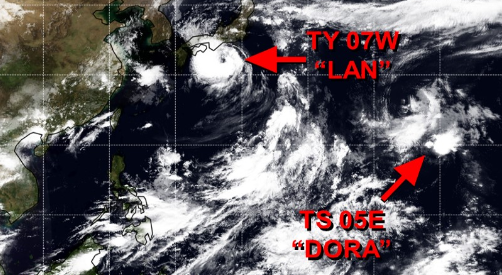 Foto gemaakt door JTWC - Hawaï - Japan is in de ban van tyfoon Lan, die de komende 24 uur de dichtbevolkte regio van Osaka en Kyoto passeert en daarna naar het noordoosten verder trekt. 