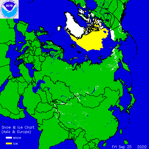 Foto gemaakt door U.S. National Ice Center (USNIC) & National Oceanic and Atmospheric Administration (NOAA) - De sneeuw- en ijsbedekking op 25 September 2020.
