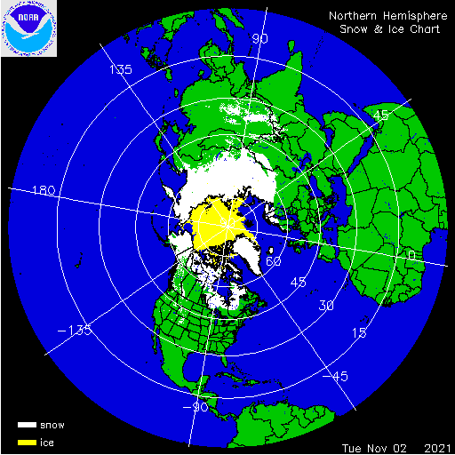 Foto gemaakt door NOAA/USNIC (https://usicecenter.gov/Products/ImsHome) - De sneeuw- en ijsbedekking dit jaar. De zee ten noorden van Rusland ligt grotendeels dicht, het sneeuwoppervlak is verder naar het westen uitgestrekt en ook in het noorden van Scandinavië ligt sneeuw.