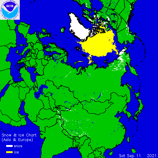 Foto gemaakt door U.S. National Ice Center (USNIC) & National Oceanic and Atmospheric Administration (NOAA) - De huidige ijs- en sneeuwbedekking in Eurazië. In Siberië en de Oeral ligt op meer plekken sneeuw dan rond dezelfde tijd in voorgaande jaren.