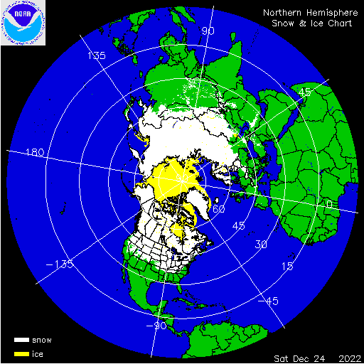 Foto gemaakt door U.S. National Ice Center (USNIC) / NOAA - In wit het sneeuwdek op het noordelijk halfrond op 24 december 2022. 