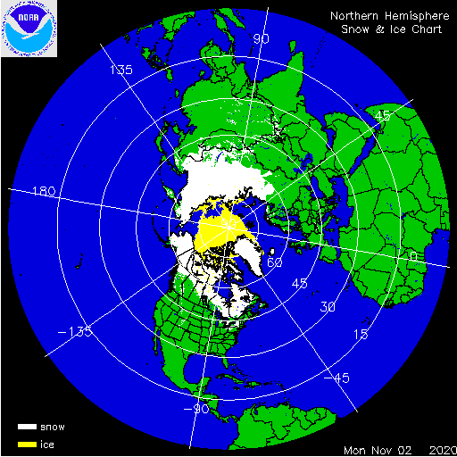 Foto gemaakt door NOAA/USNIC (https://usicecenter.gov/Products/ImsHome) - De sneeuw- en ijsbedekking vorig jaar op 2 november. Scandinavië was nog zo goed als sneeuwloos, terwijl noord van Rusland de zee nog grotendeels open lag. 