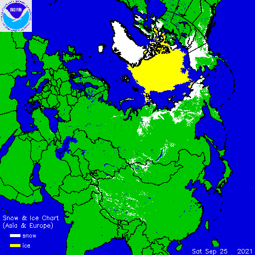 Foto gemaakt door U.S. National Ice Center (USNIC) & National Oceanic and Atmospheric Administration (NOAA) - De sneeuw- en ijsbedekking op 25 September 2021.