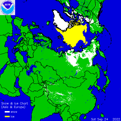 Foto gemaakt door U.S. National Ice Center (USNIC) & National Oceanic and Atmospheric Administration (NOAA) - In Siberië heeft het sneeuwveld zich al flink uitgebreid; ver bovengemiddeld zelfs en een stuk meer dan rond deze datum in de voorgaande jaren. 