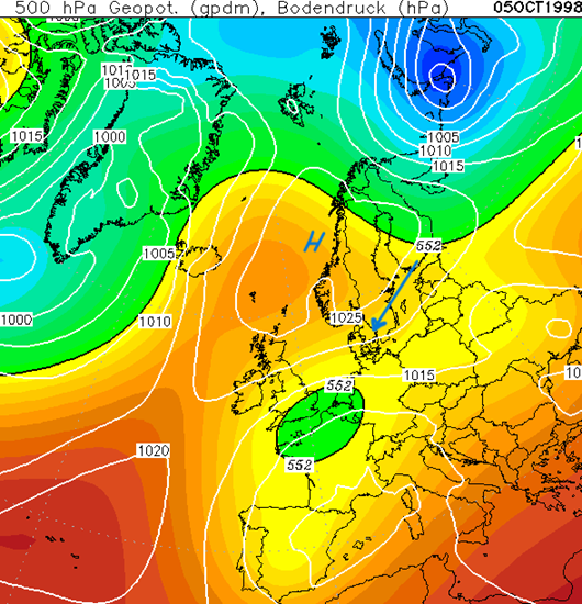 Foto gemaakt door Wetterzentrale.de - Krachtig hogedrukgebied boven Scandiland op 5 oktober 1998