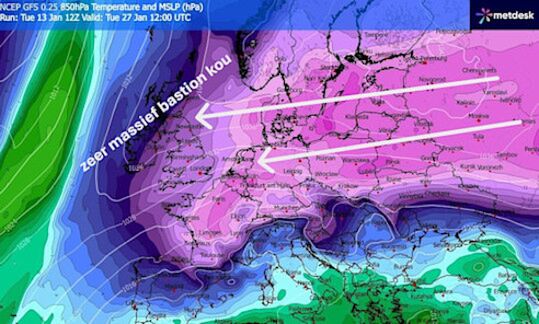 Foto gemaakt door WX Charts.com - Zeer koude bovenluchten paraat op 1500 meter hoogte eind januari