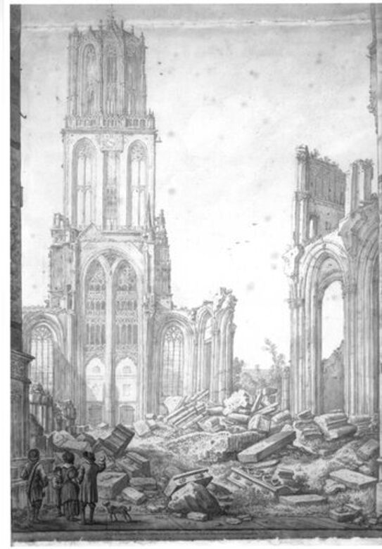 De Ruine van de domkerk, met de nog intacte Domtoren erachter. (H. Saftleven, Collectie beeldmateriaal Het Utrechts Archief cat.nr 28635)