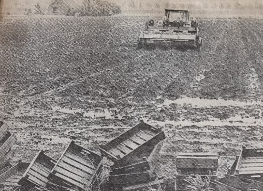 Foto gemaakt door Nieuwsblad van het Noorden - Noord-Nederland - Boeren in Noord-Nederland vechten in 1983 tegen de modder op hun velden. 