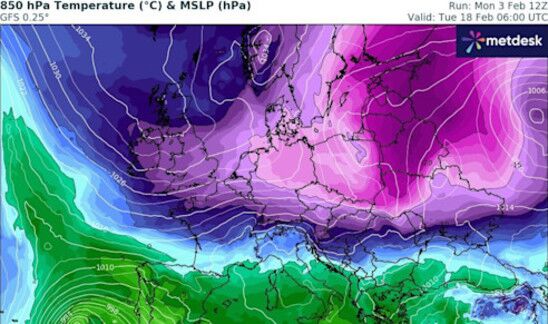 Foto gemaakt door WXCharts.com - Zeer koude lucht zou ons na half februari kunnen schampen