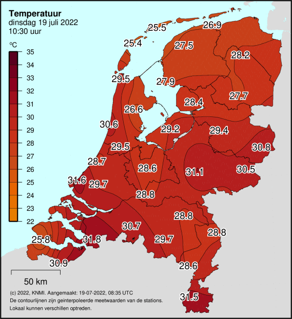 Foto gemaakt door KNMI - De actuele temperatuur om 10.30 uur. Overal is het al zomers warm met meer dan 25 graden.