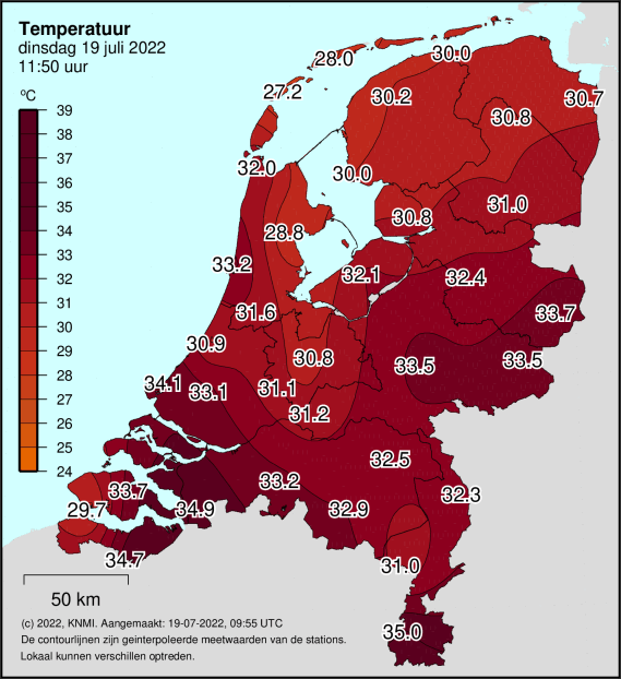 Foto gemaakt door KNMI - In het zuiden van het land voor het middaguur lokaal al 35 graden.