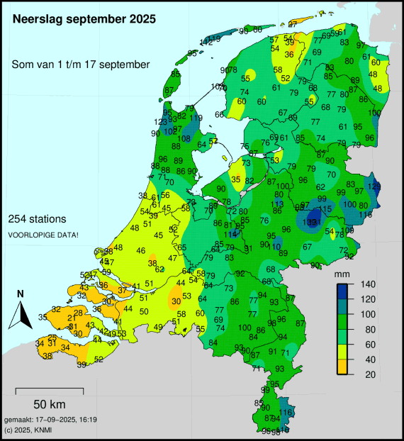 Foto gemaakt door © neerslagkaart.nl - De neerslagsom van de eerste helft van september komt in meerdere regio's al boven de maandsom uit.