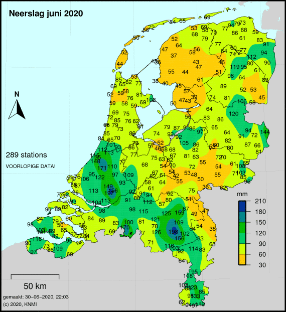 Er viel in juni landelijk 81 mm. Maar de verschillen waren gigantisch, in de Liemers viel in Herwen maar 36 mm, net als in het Friese Makkum. In het oosten van Brabant in Helmond viel 198 mm! Bron: KNMI