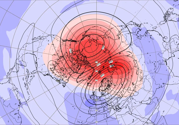 Foto gemaakt door ECMWF - Een sterke temperatuurafwijking boven de Noordpool, met temperaturen in de stratosfeer veel hoger dan normaal, is kenmerkend voor een SSW.