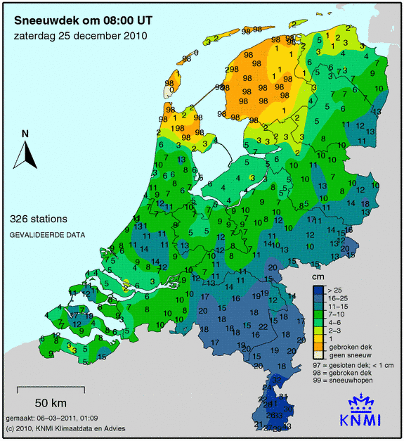 Foto gemaakt door KNMI - De sneeuwhoogte tijdens de laatste witte kerst van 2010. In het uiterste zuidoosten lag er lokaal bijna een halve meter sneeuw! 