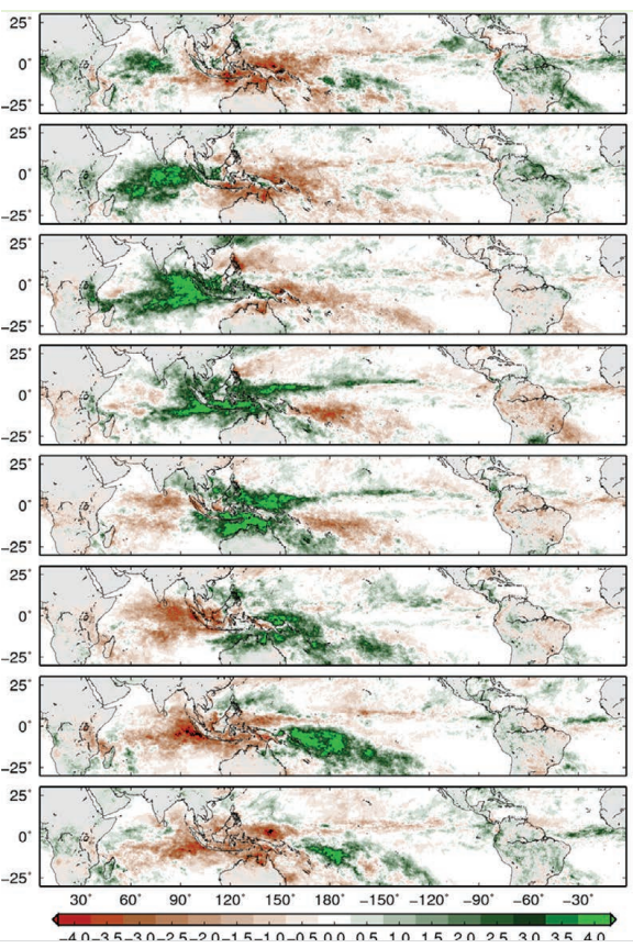 Foto gemaakt door International Research Institute for Climate and Society / ColumbiaUniversity - De 8 fasen van de MJO. Je ziet hoe de buien (groen) door de tijd langzaam naar het oosten schuiven, van de Indische Oceaan via Indonesië naar de Grote Oceaan. Hetzelfde geldt voor de bruine, fasen met droger weer er omheen. 